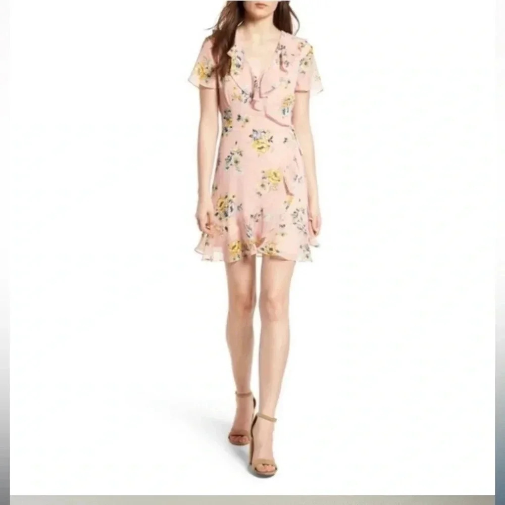LUSH wrap dress flutter sleeves ruffles summer pink watercolor floral Size Small